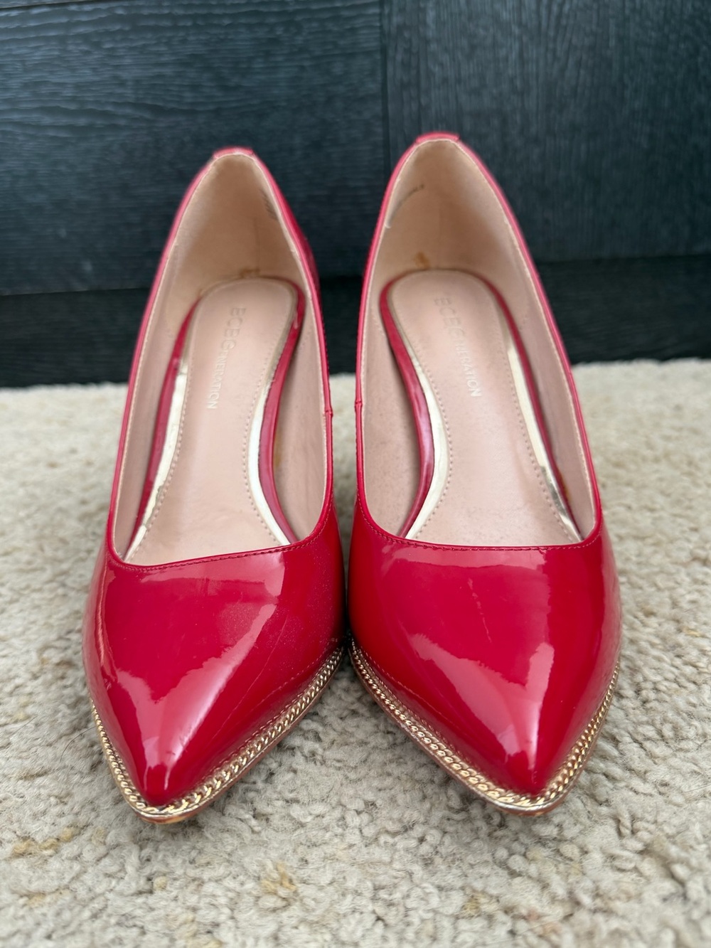 BCBGeneration Red Patent Pointed Toe Pumps with Gold Chain Trim